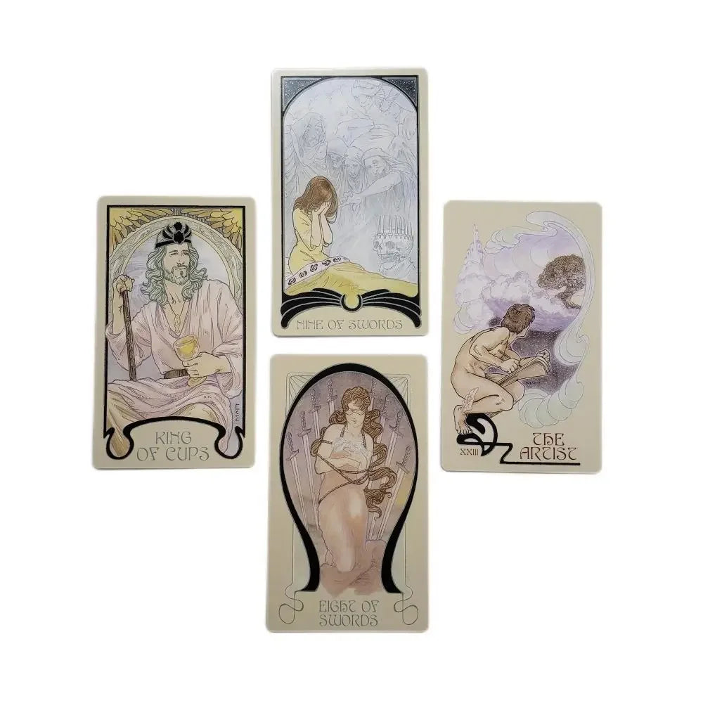 A collection of tarot cards featuring illustrations like King of Cups, Maid of Swords, and The Artist.