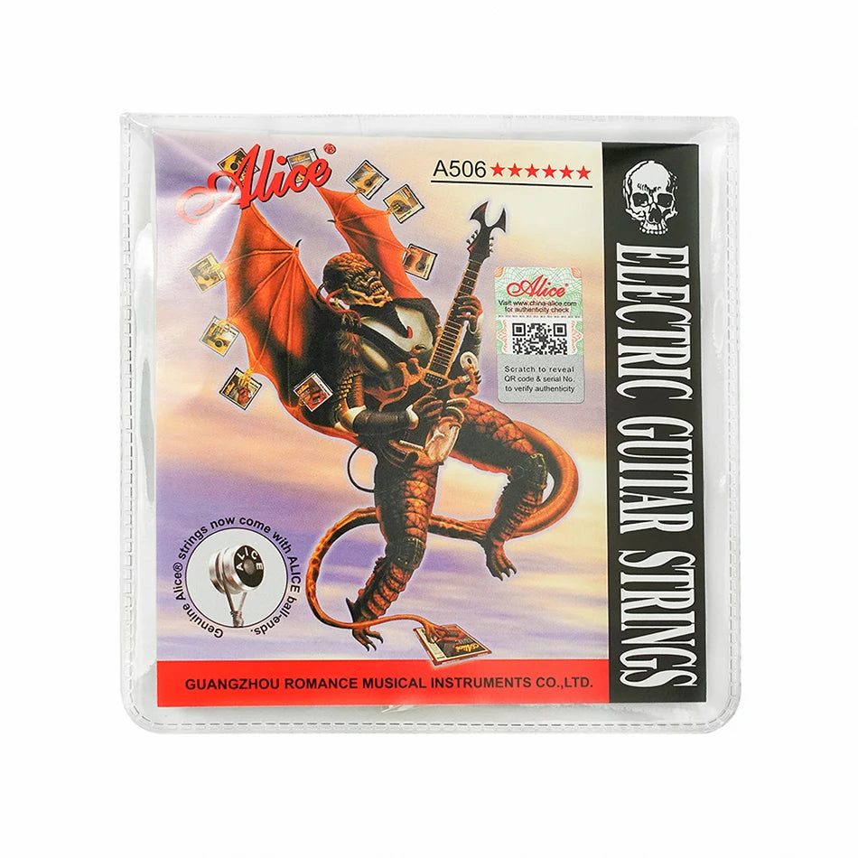 A package of Alice A506 electric guitar strings with a light gauge and custom light gauges.