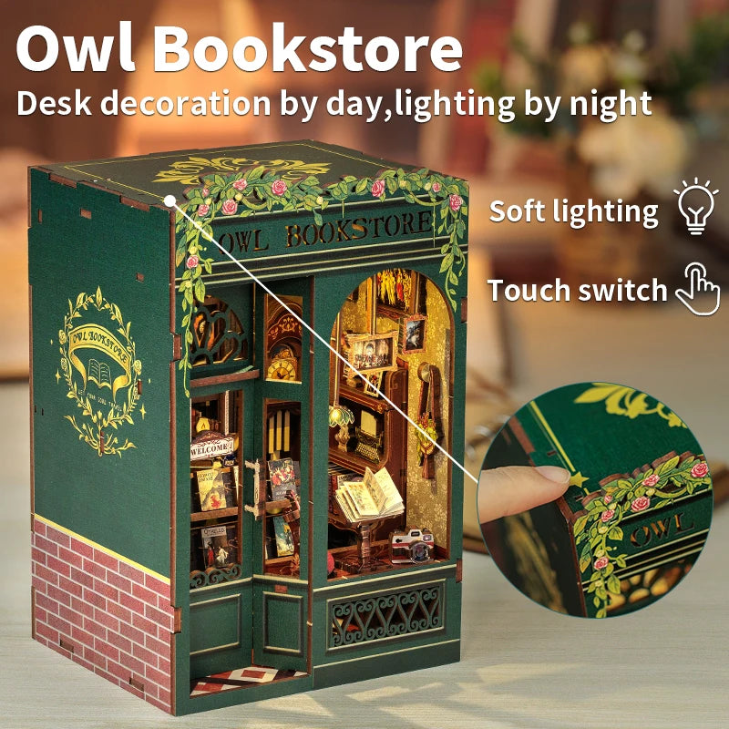Owl Bookstore Miniature Book Nook DIY Kit with LED Lighting