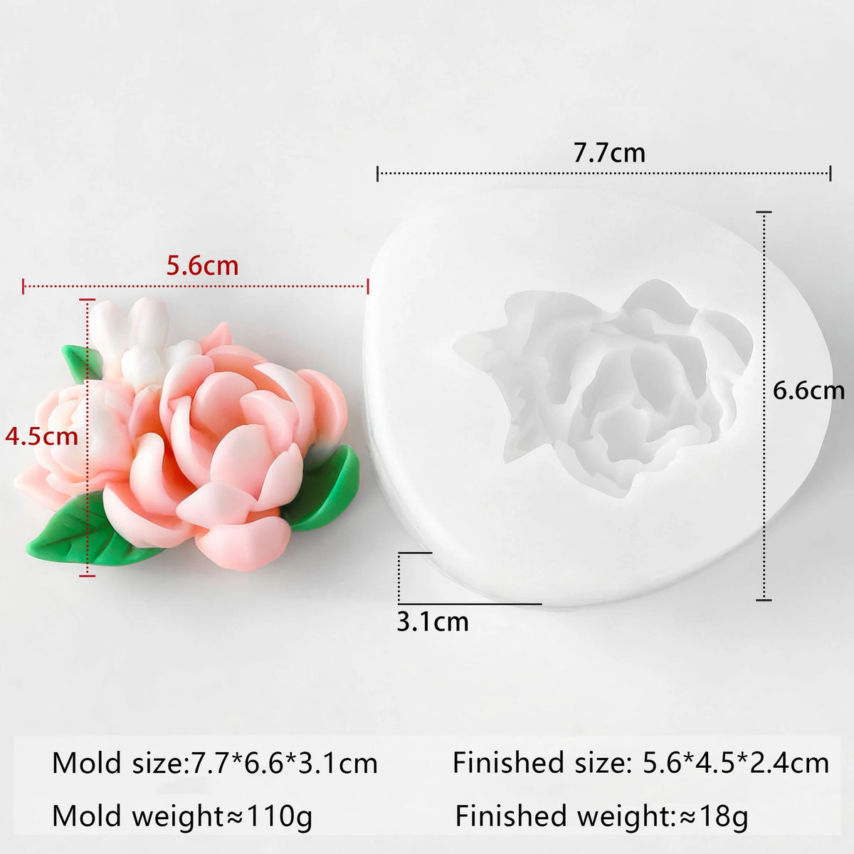 A white silicone mold shaped like a pink flower, showing its dimensions and weight.