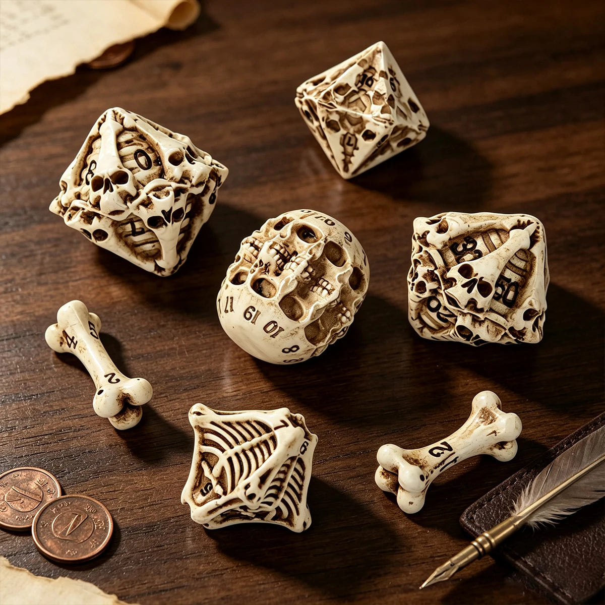 A set of bone skull carved polyhedral dice and a quill pen resting on dark wood.