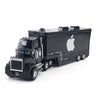 A black diecast toy hauler truck modeled after a semi-truck with an Apple logo on the side.