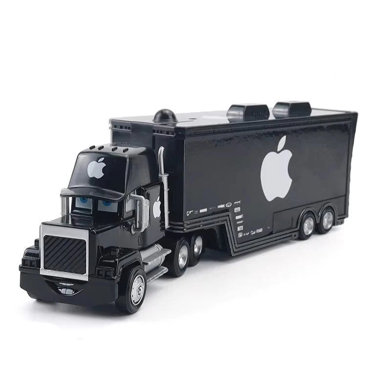 A black diecast toy hauler truck modeled after a semi-truck with an Apple logo on the side.