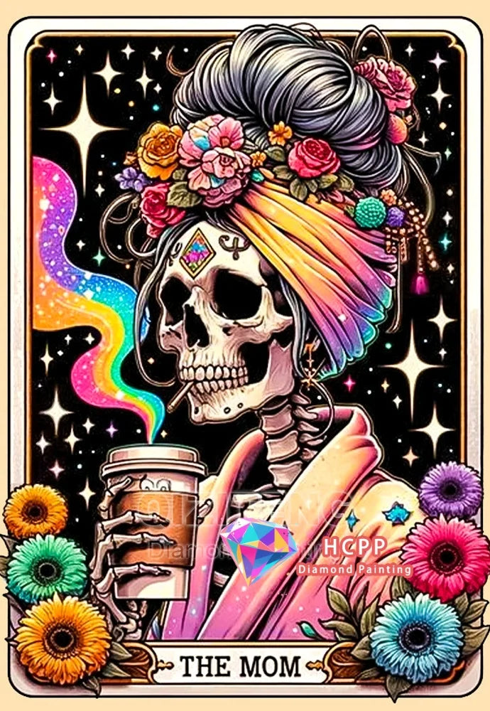 A diamond painting kit featuring a tarot skull woman design with vibrant colors and floral elements.