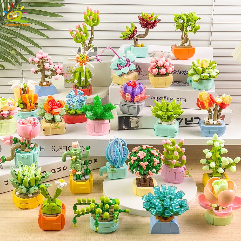 A collection of colorful succulent and flower building blocks in various shades of green, pink, orange, and purple.