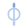 A light blue silicone baby teether with an easy-grip handle and a textured top.