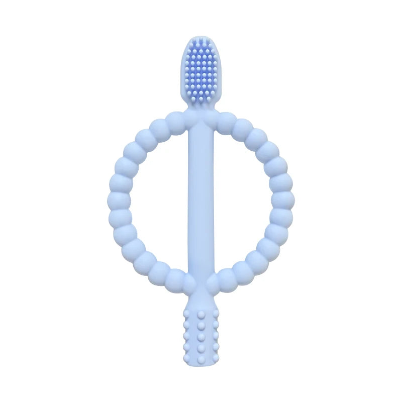 A light blue silicone baby teether with an easy-grip handle and a textured top.