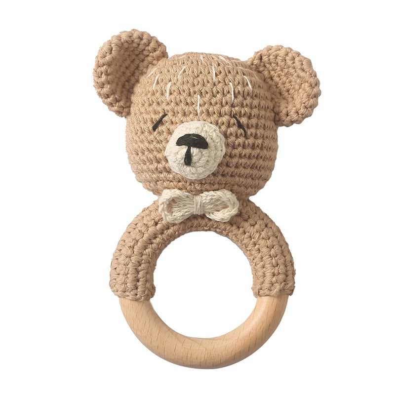 Handcrafted Wooden Crochet Animal Rattle for Babies