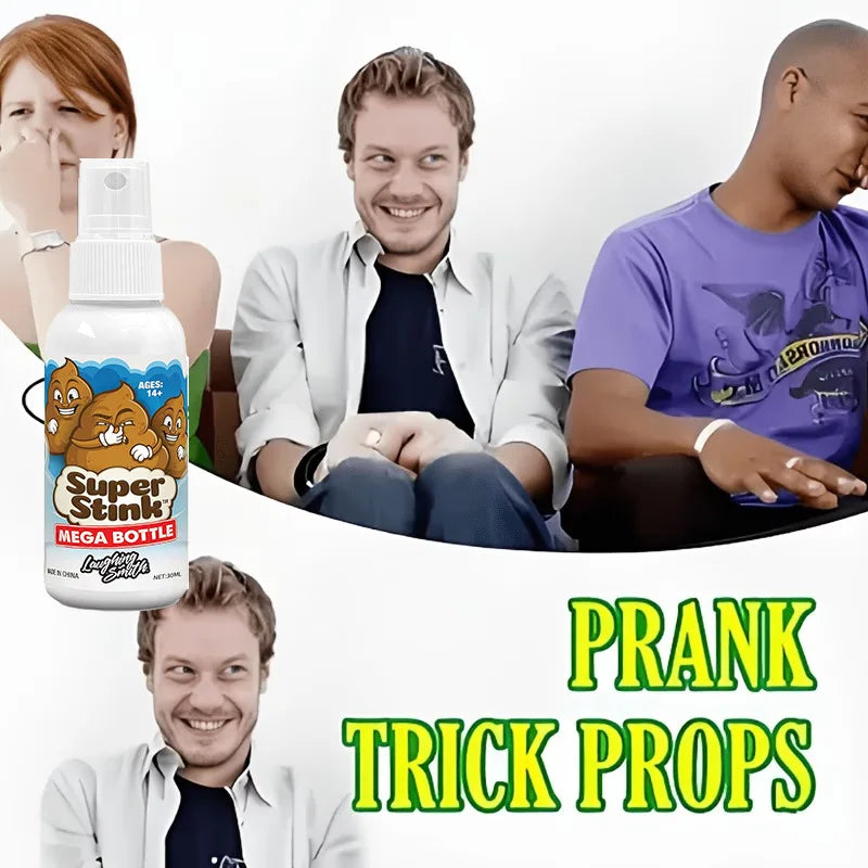 A bottle of Super Stink Mega Bottle prank trick props shown next to three men.