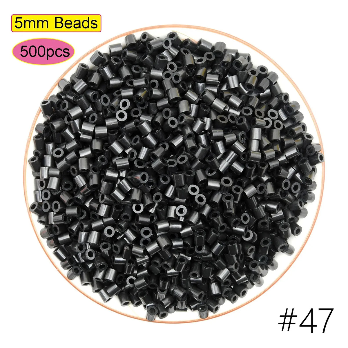 A pile of 5mm black beads, sold in a 500-piece pack, used for craft projects.