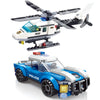 Police helicopter and SWAT carrier vehicle building blocks set featuring a white helicopter and a blue police car