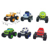 A collection of five die-cast metal monster truck toys in various colors and sizes.