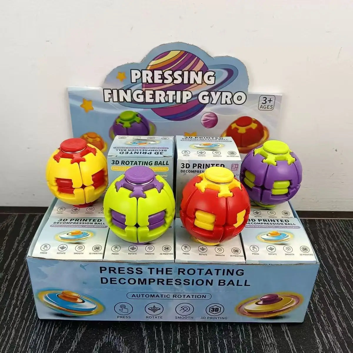 A box of a pressing fingertip gyro spinner toy in yellow and purple colors with a cloud graphic.