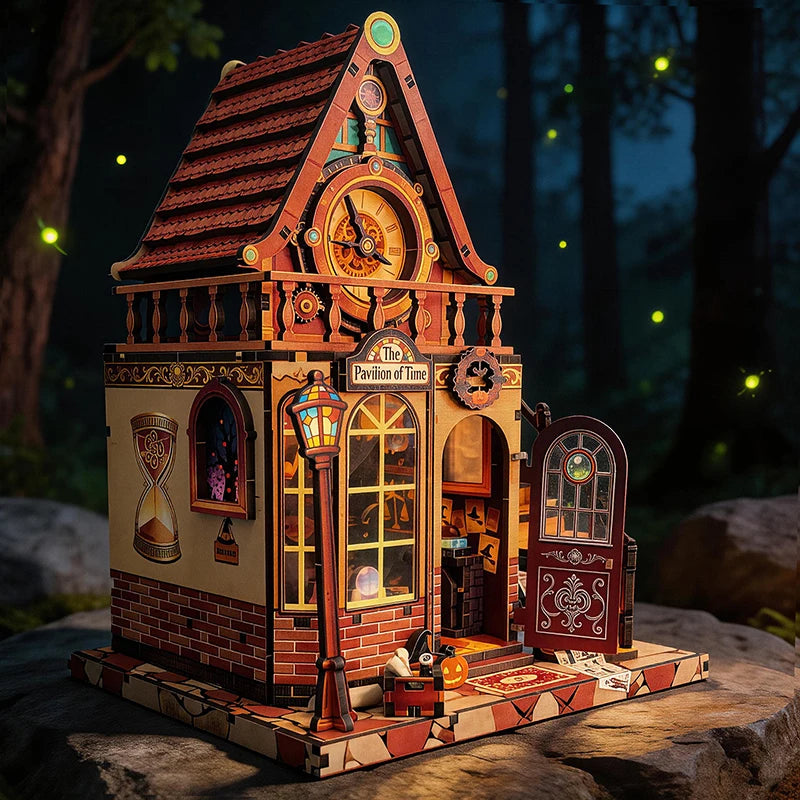 A detailed wooden miniature kit of a time pavilion dollhouse featuring brickwork, stained glass, and decorative elements.