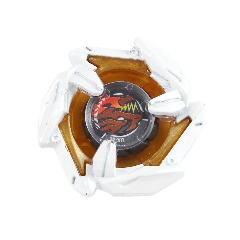 A white metal spinning top with a gold inner core and an orange-red design visible through the opening.