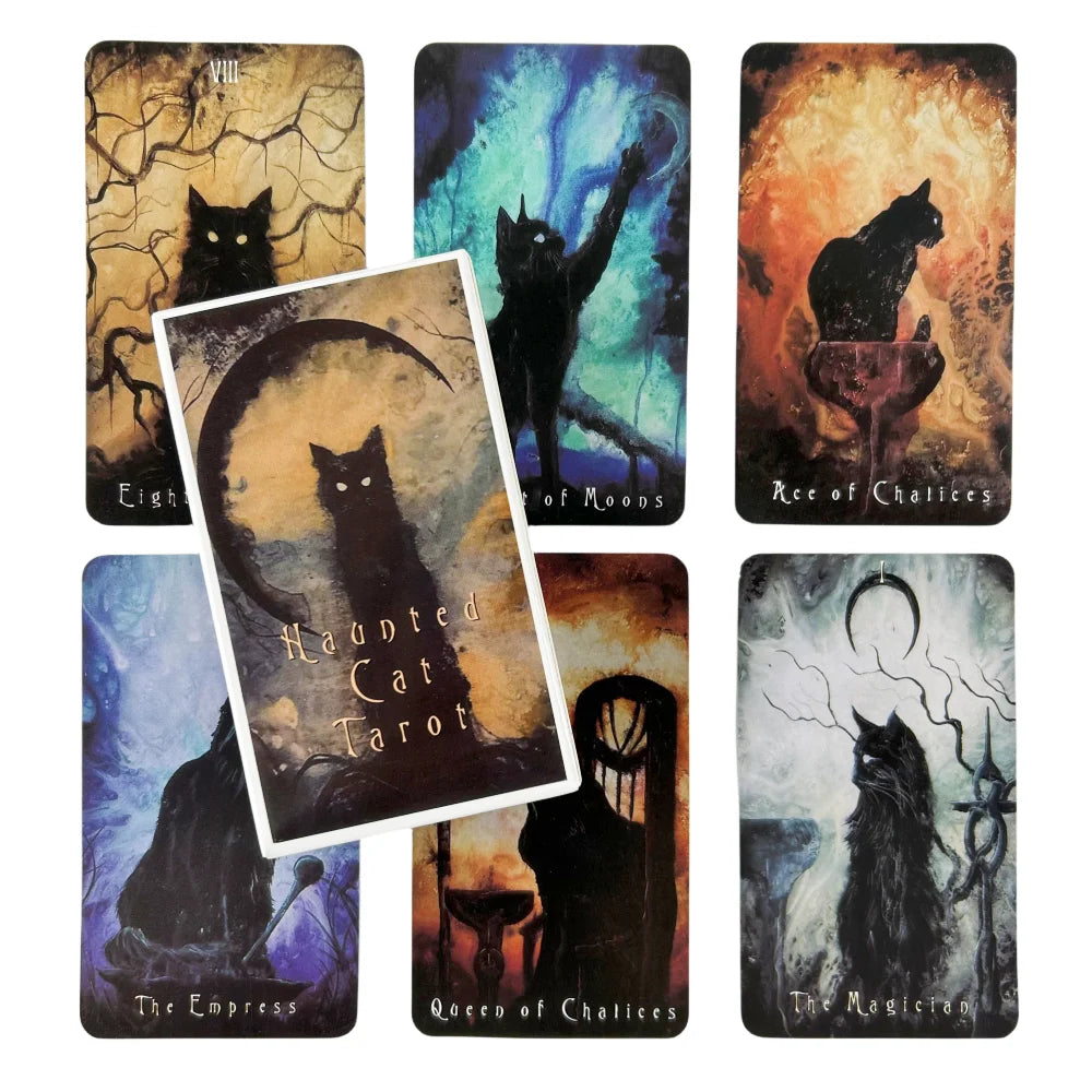 A collection of nine tarot cards featuring a black cat motif, including The Empress, the Moon, and the Magician.