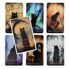 A collection of nine tarot cards featuring a black cat motif, including The Empress, the Moon, and the Magician.