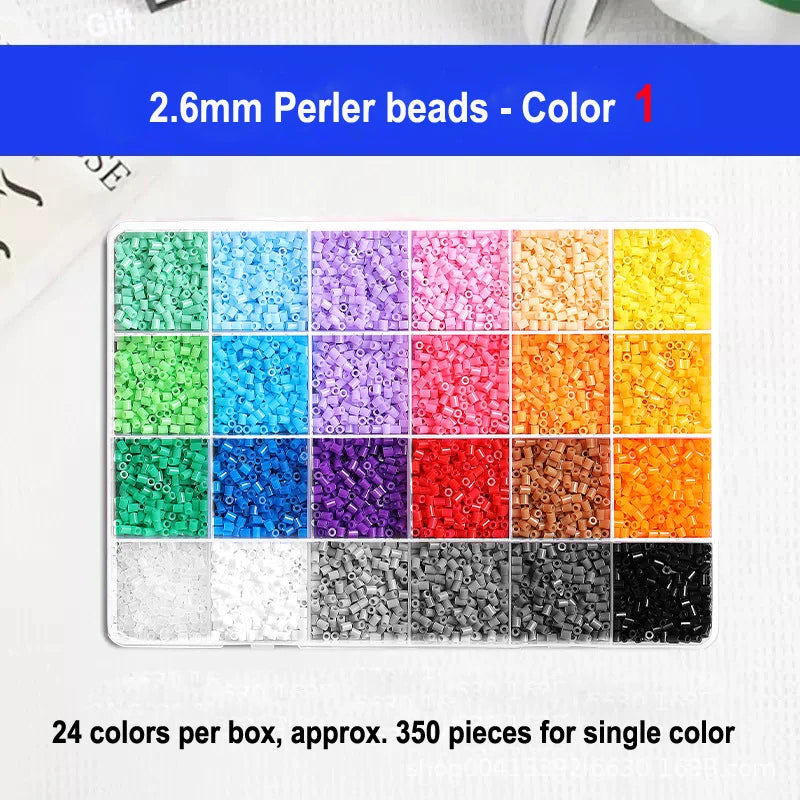 A grid display of 24 colors of 2.6mm perler beads for crafting.