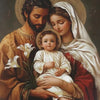 A painting depicting Jesus holding the Virgin Mary and a child, rendered in warm tones.