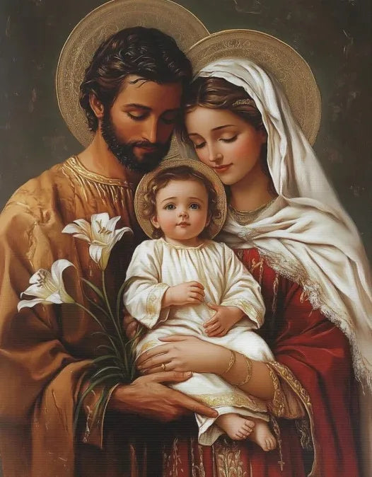 A painting depicting Jesus holding the Virgin Mary and a child, rendered in warm tones.