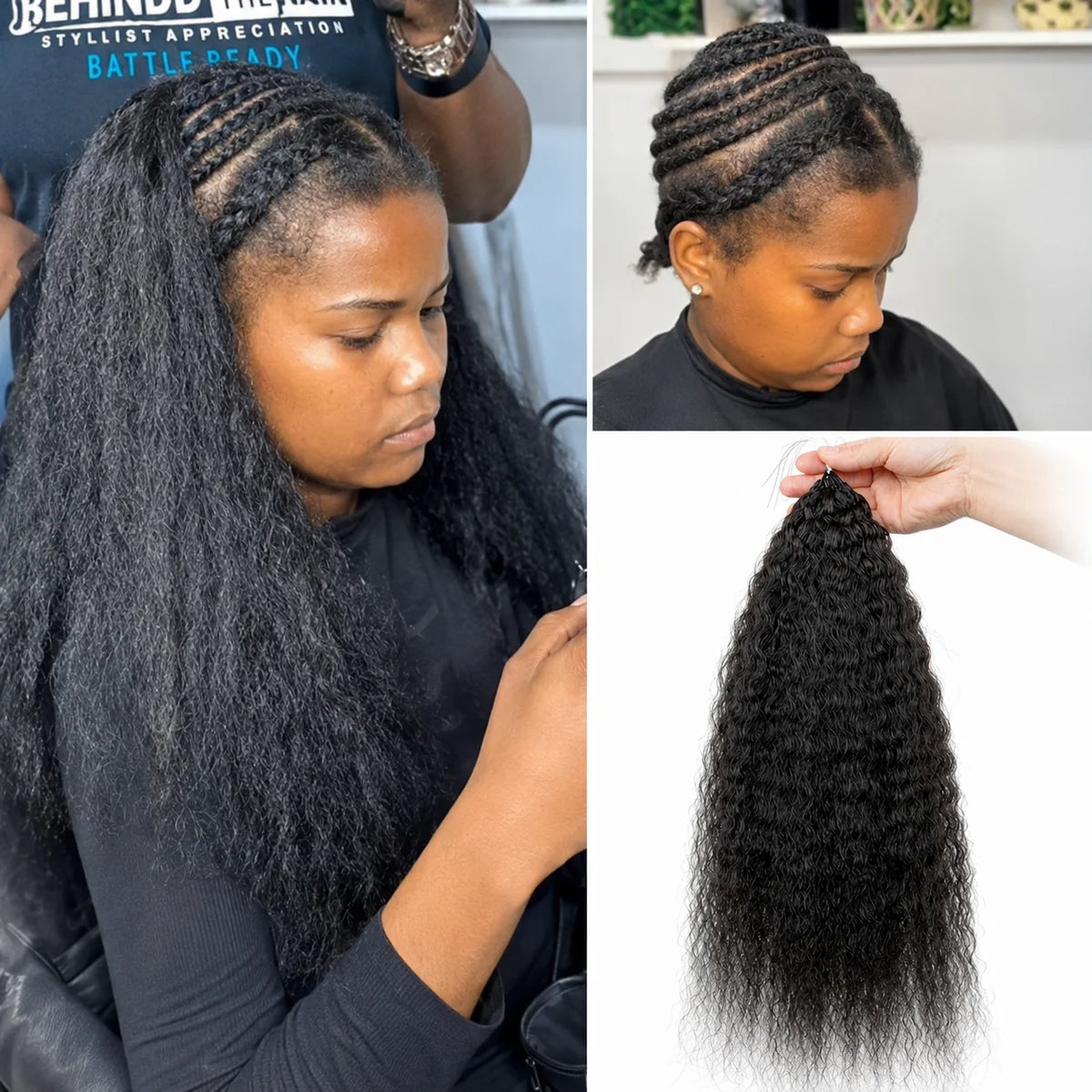 Close-up of a woman with long, black kinky straight crochet hair extensions being styled.