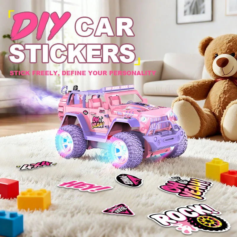 A pink 1:16 scale remote control off-road car with purple lights and various DIY stickers on a white fluffy surface.