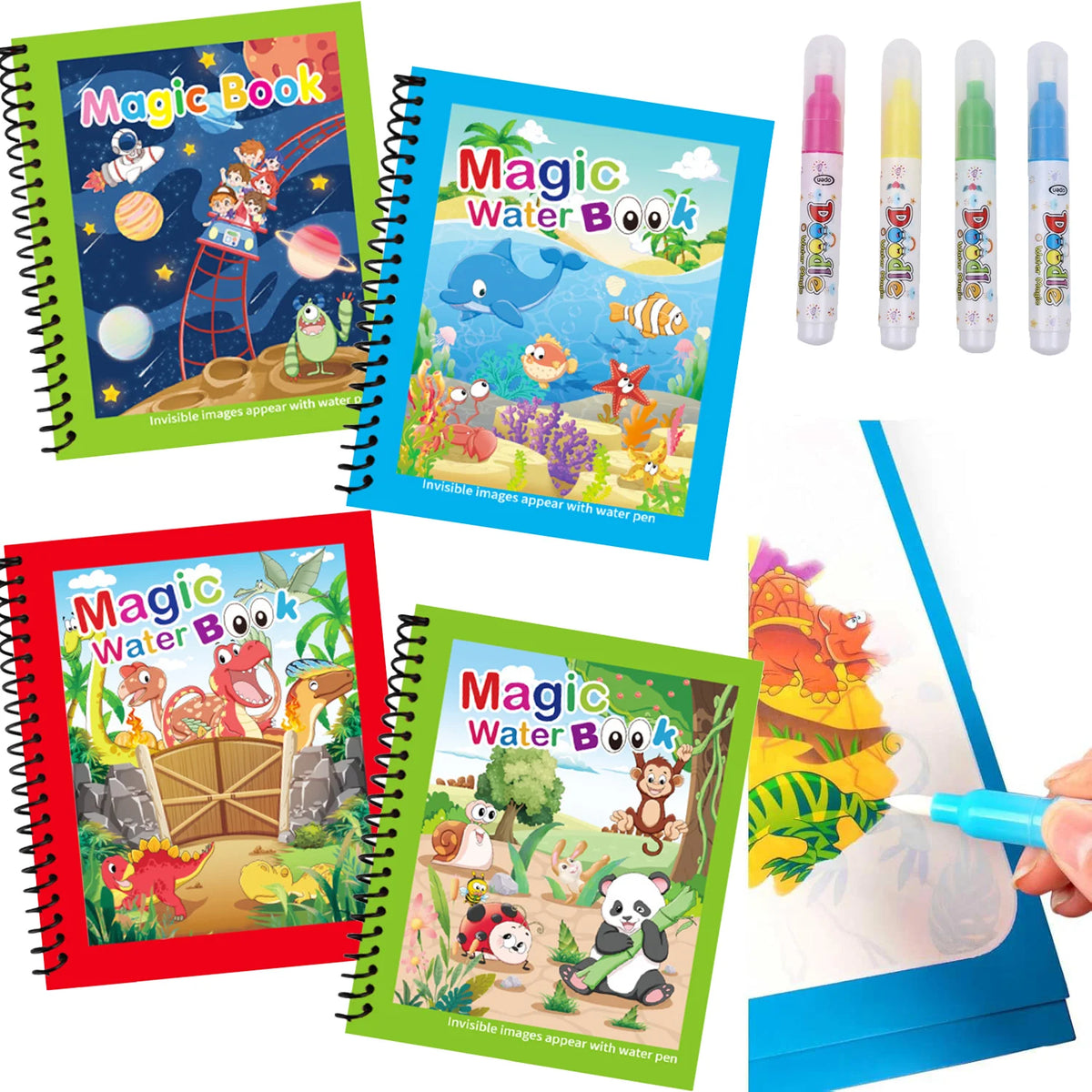 A set of Magic Water Books featuring invisible images that appear with a water pen and colorful pens.