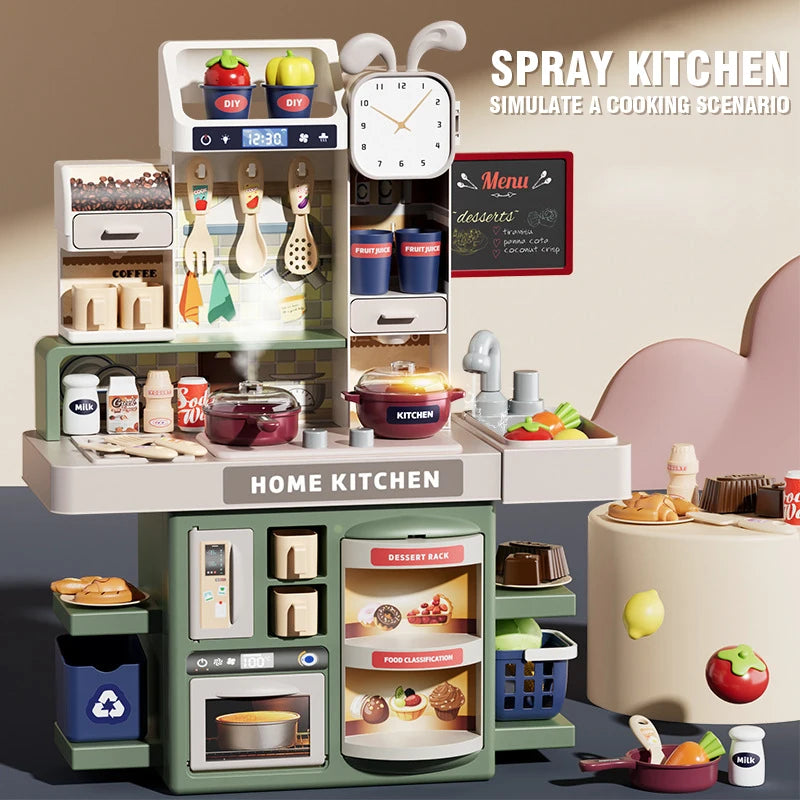 A multi-level kids pretend kitchen play set featuring cooking tools and food items for role-playing