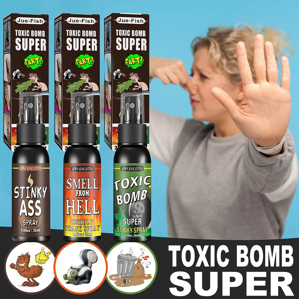 A woman demonstrates the Toxic Bomb Super fart spray product, showing the bottle and packaging.