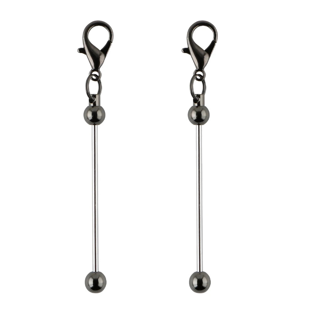 A pair of metal keychain bars with lobster clasps for DIY jewelry making.