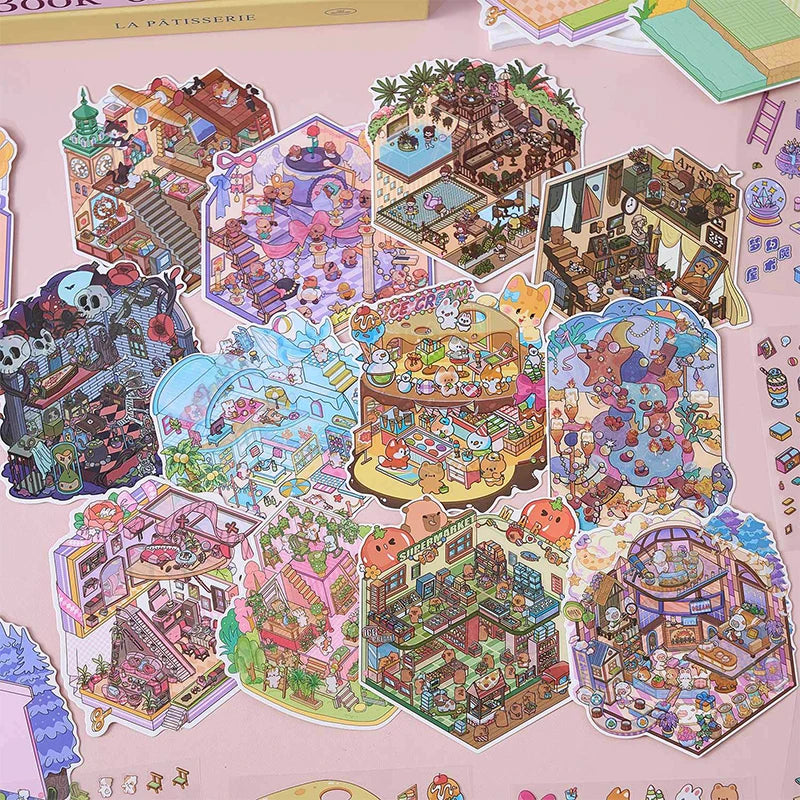 A collection of colorful cartoon mini town diorama stickers for junk journals and scrapbooking