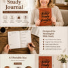An open Bible study journal with notes and reflections is shown next to a closed leather-bound guide.
