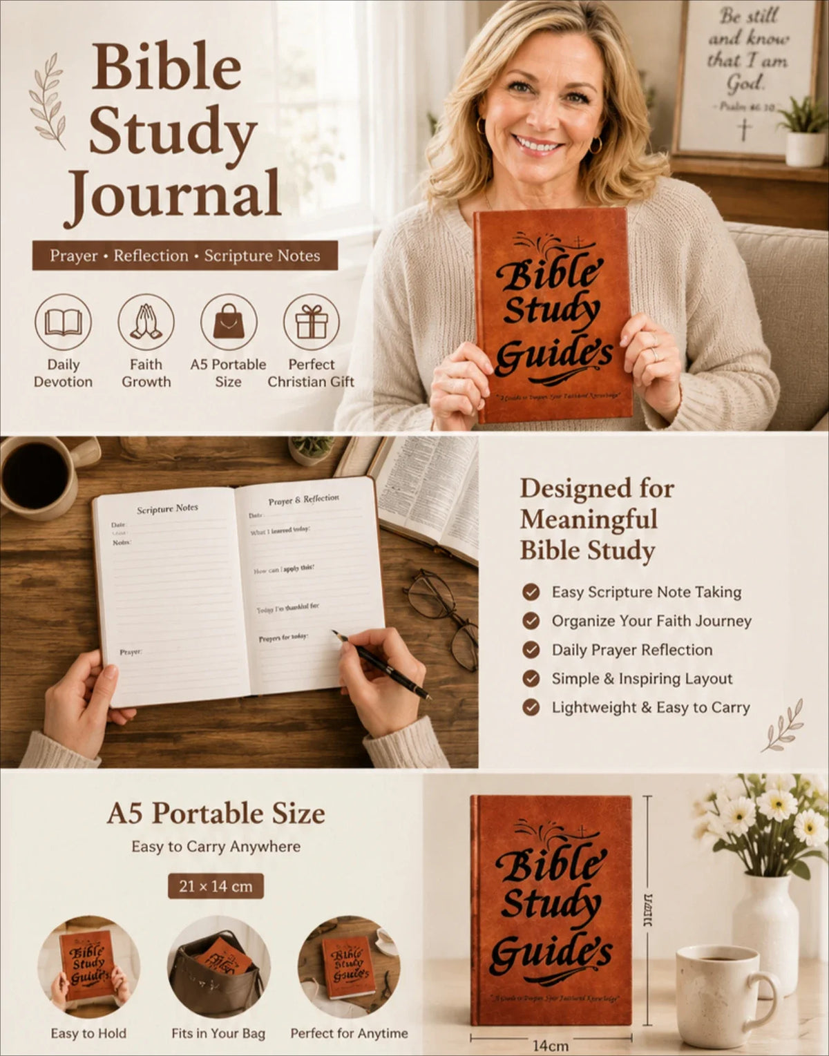 An open Bible study journal with notes and reflections is shown next to a closed leather-bound guide.