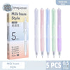 A set of five multicolored milk foam style quick-drying gel pens with 0.5mm tips displayed in packaging.