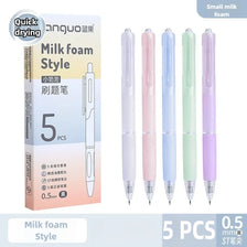 A set of five multicolored milk foam style quick-drying gel pens with 0.5mm tips displayed in packaging.