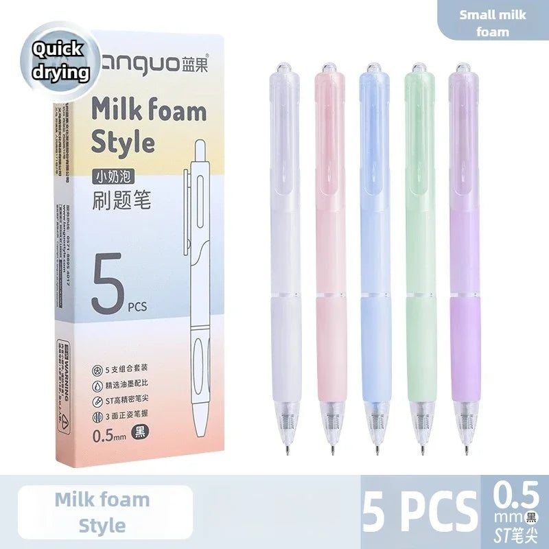 A set of five multicolored milk foam style quick-drying gel pens with 0.5mm tips displayed in packaging.