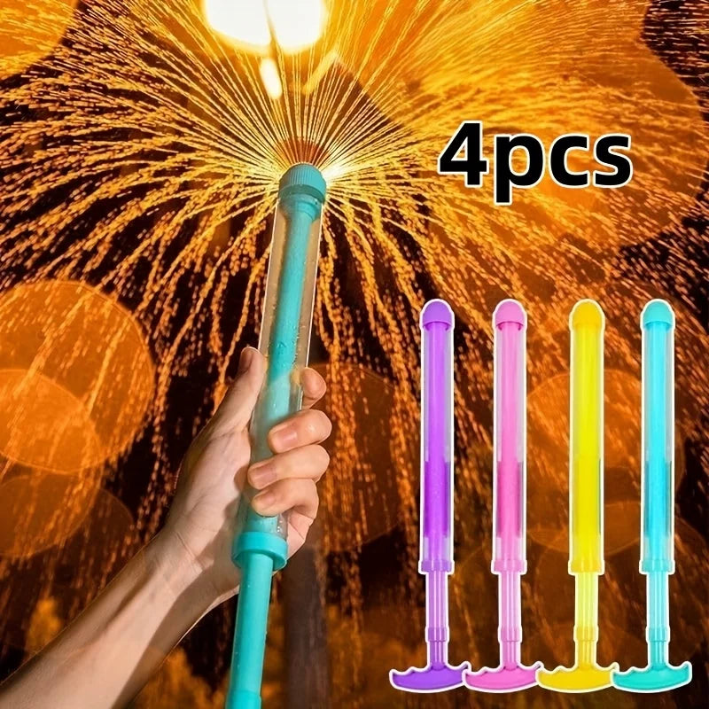 A hand holds a blue water spray toy, with four colorful plastic spray toys displayed below against a background of fireworks.