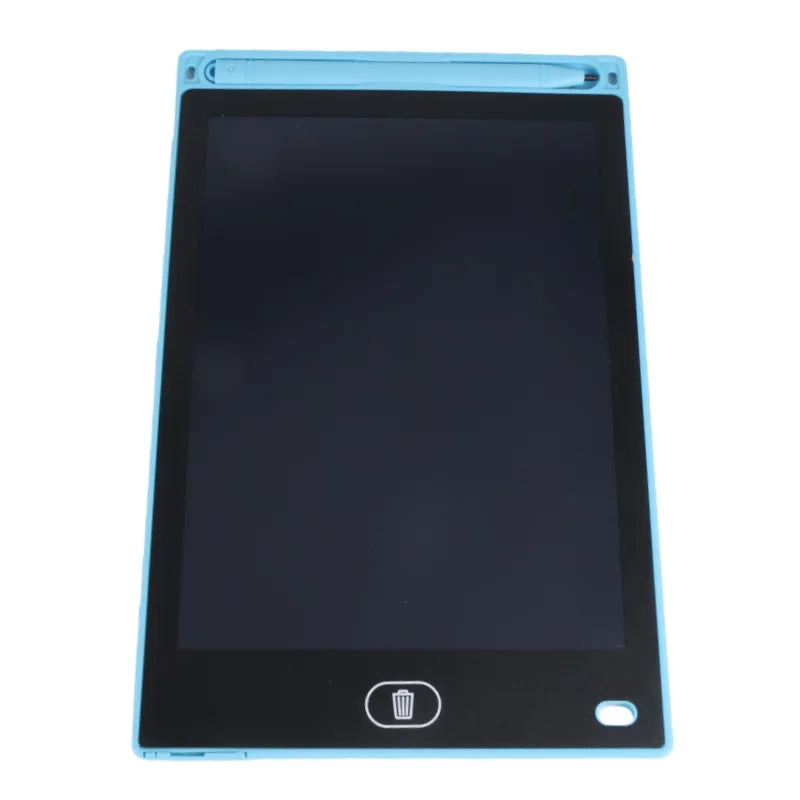 A light blue 8.5-inch LCD writing tablet with a black screen and a power button visible.