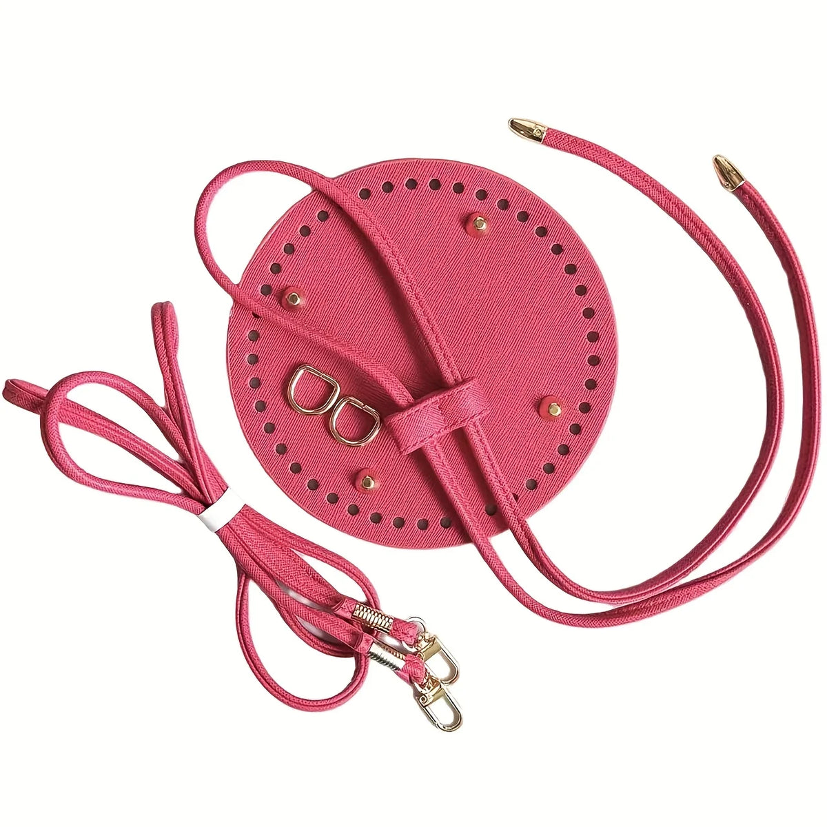 A pink crochet dumpling bag hardware kit featuring a circular bag and adjustable strap with gold-toned hardware.