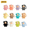 A collection of twelve plush toys featuring various animal characters in pink, orange, purple, yellow, brown, and black color