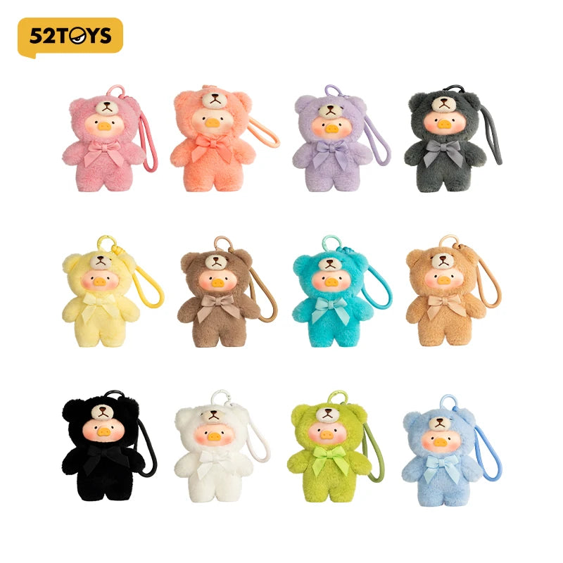 A collection of twelve plush toys featuring various animal characters in pink, orange, purple, yellow, brown, and black color