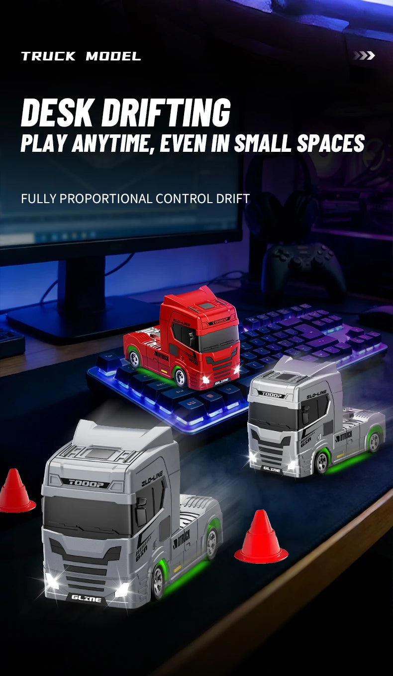 A red truck model is shown drifting on a blue surface next to other scale RC drift trucks.