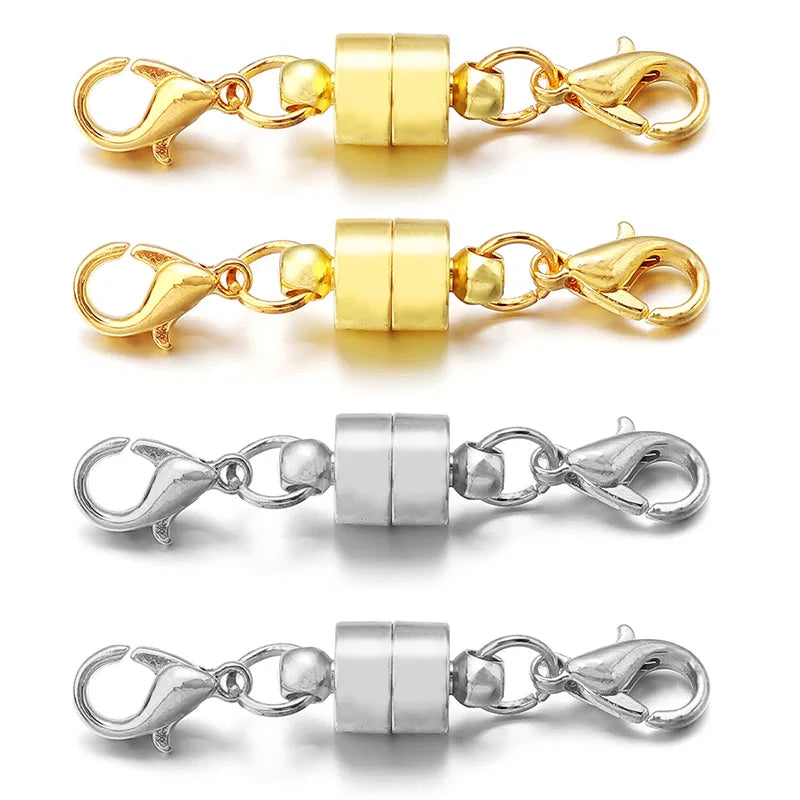A set of magnetic clasps for jewelry making shown in gold and silver metal connectors.