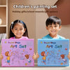 Two children holding colorful art sets for holiday gifts or school rewards
