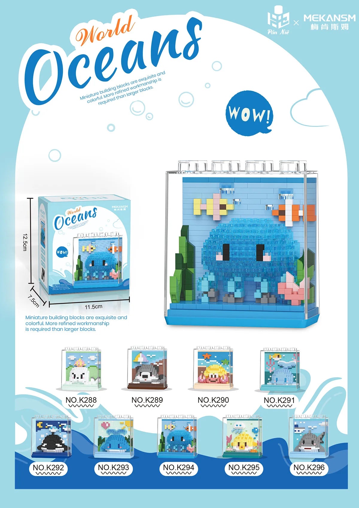 A set of miniature building blocks featuring ocean animals like a shark, dolphin, and whale models.