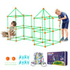 A children's fort building kit with green rods and glow-in-the-dark rods, shown assembled and packaged.