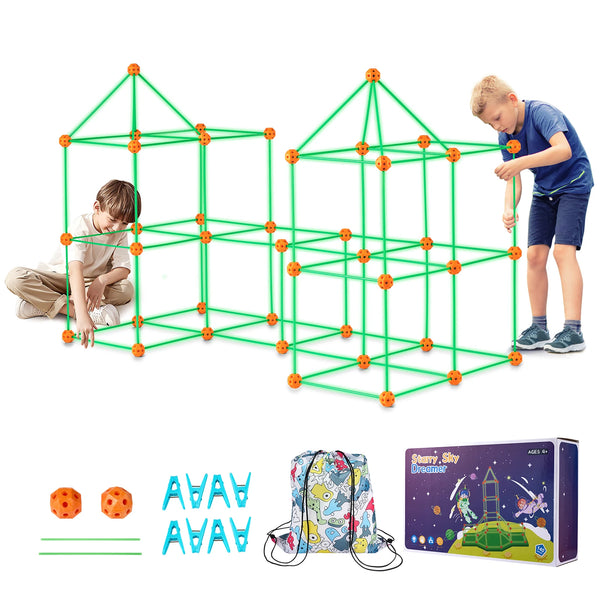 A children's fort building kit with green rods and glow-in-the-dark rods, shown assembled and packaged.