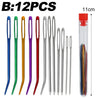 A set of 12 stainless steel sewing needles in various colors stored in a clear tube.