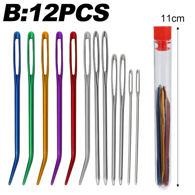 A set of 12 stainless steel sewing needles in various colors stored in a clear tube.