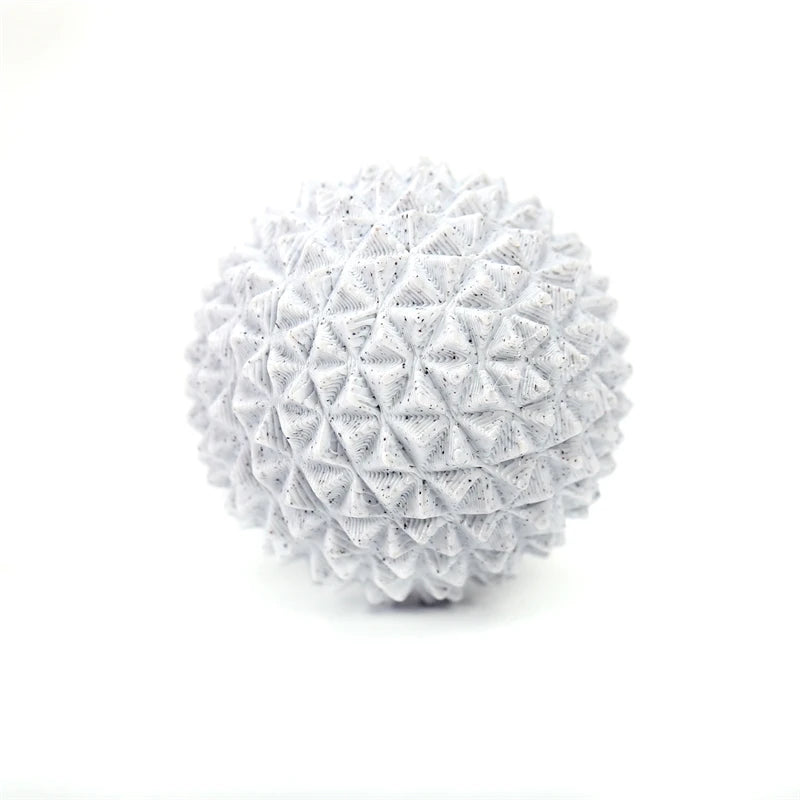 A white, spherical 3D printed sensory fidget roller keychain for stress relief.